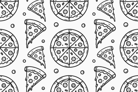 Black and white pizza slices and circles pattern pepperoni