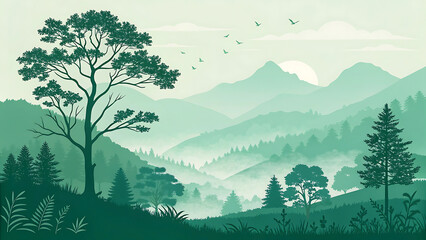 Misty green mountain landscape with layered tree silhouette