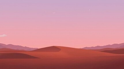 Vast desert landscape at sunset with rolling sand dunes and distant mountains