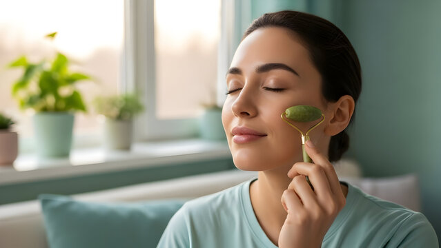Calm skincare routine with gentle facial brush application.