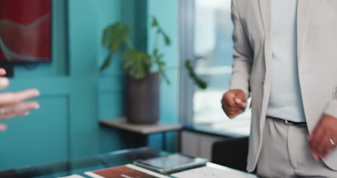 Business people, shaking hands and deal agreement in meeting for corporate discussion or proposal. Handshake, man and woman on office for partnership, collaboration and onboarding at company