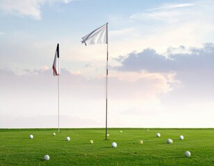 Obraz premium Golf balls on green field, two flags, serene sky