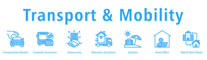 Transport & Mobility Web Banner Blue icon vector illustration concept with icon of transportation benefits, commuter assistance, outsourcing, relocation assistance, vacation and home office