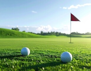 Obraz premium Two golf balls on green, flag, sunny