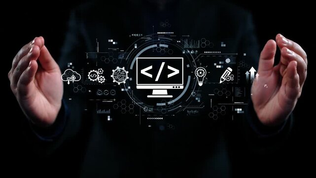 Modern web development concept featuring coding symbols, web development process, web development interface, and web development tools with futuristic design. Elide