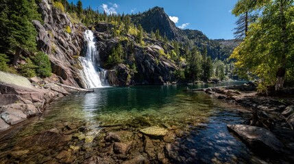 A stunning waterfall flows into a serene lake with rocky shores and vibrant greenery all around under a clear blue sky. The scene captures the peacefulness of nature.