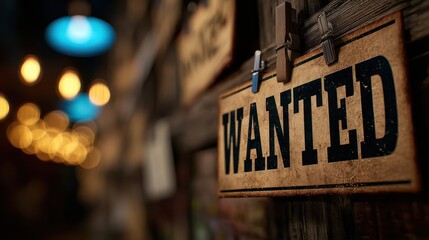 A rustic "WANTED" sign is displayed on a wooden wall, illuminated by soft bokeh lighting, creating a nostalgic and intriguing atmosphere.