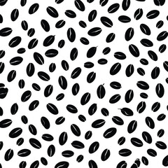 Black coffee beans scattered on white background pattern
