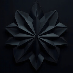 This image features a strikingly minimalist and abstract composition, dominated by a dark grey or black background. In the center, a perfectly symmetrical, star-shaped geometric object with multiple s