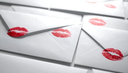 Close-up of white envelopes sealed with red lipstick kiss marks