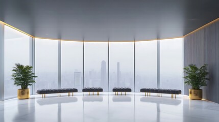 Luxurious modern interior with panoramic city view through large windows