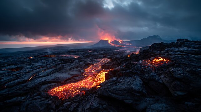 Molten lava rivers flow from a volcanic eruption at twilight