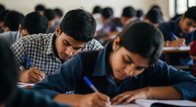 Indian Students Writing Exam &ndash; Focused learners completing test papers in classroom