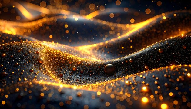 Abstract golden wave with glowing particles and dark background.