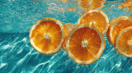 Bright orange slices dive into the refreshing blue water creating ripples and bubbles as they scatter. Sunlight reflects off the surface enhancing the vibrant colors.
