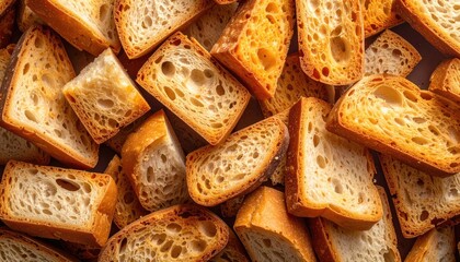 Golden, toasted bread croutons in a dense pile