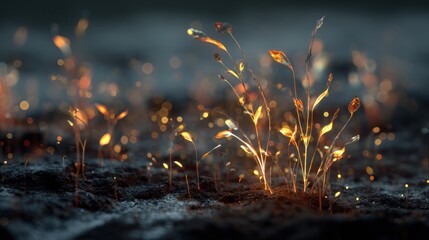 Abstract illustration of glowing plants with bokeh effect on dark background