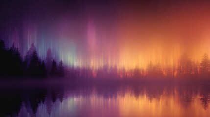 Abstract illustration of a landscape with stylized trees reflecting on water