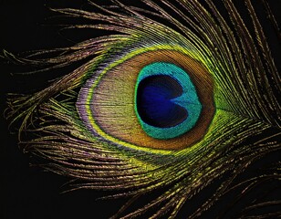 Vibrant eye-shaped feather on dark