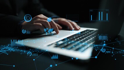 Close-up of hands typing on a laptop with digital graphs overlay, representing data analysis, business insights, and innovative technology in a modern workspace. Xenic - Powered by Adobe