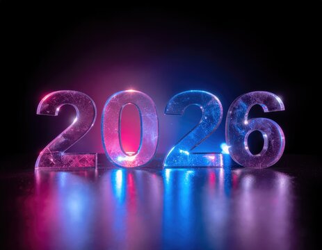 Illuminated 2026 year date with pink and blue highlights