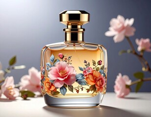 Floral perfume bottle, golden liquid, soft pink blossoms