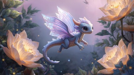 Magical baby dragon with iridescent wings in a fantasy forest with glowing flowers