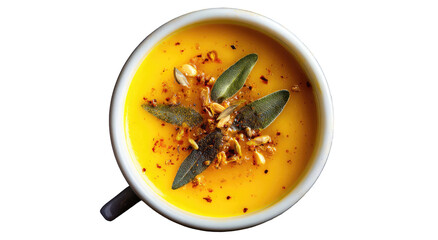 Golden creamy soup with herbs, seeds, and spices in a cup