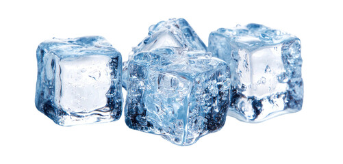 Transparent ice cubes with frosty texture, isolated on black