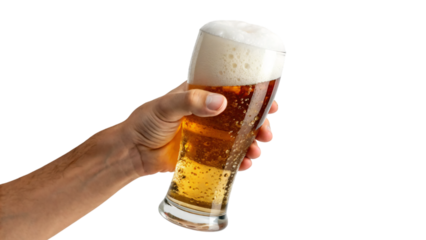 A full glass of cold golden lager beer with white foam isolated on a white background
