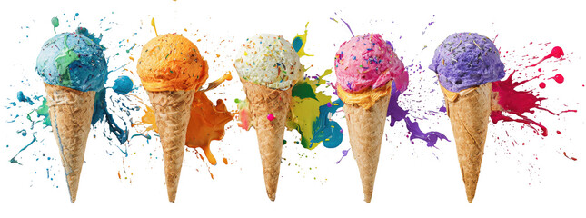 Five colorful ice cream cones with paint splashes