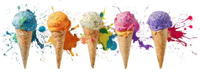 Five colorful ice cream cones with paint splashes