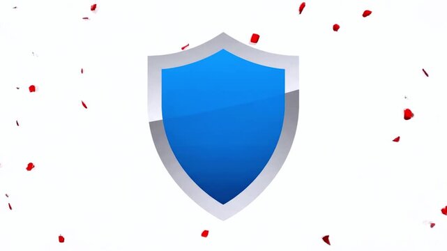 Blue shield emblem with silver edge, glowing central gradient, red fragments burst leftward, bright