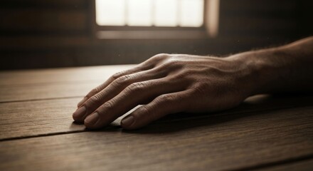 A pensive hand lies on a dark wooden table near a barred window