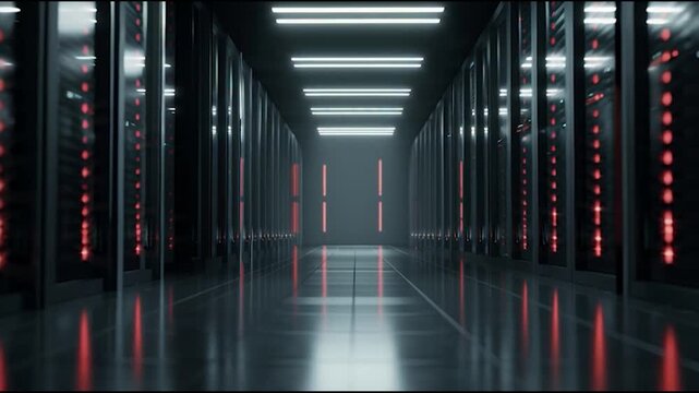 Moving through a glowing data center hallway with servers and lights, perfect for tech concepts, digital infrastructure, and high performance computing