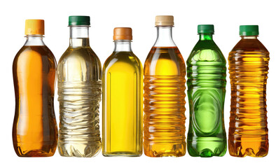 Collection of diverse liquid-filled transparent plastic bottles