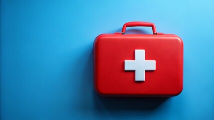 Obraz premium Red first aid kit with white cross on blue background