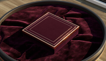 A luxurious square gift box mockup with gold trim resting on a plush red velvet cushion, ideal for a premium product presentation or branding display