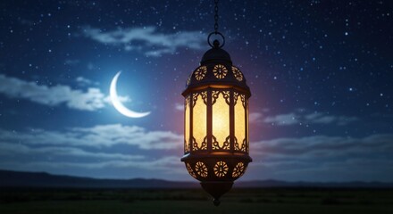 Intricate glowing lantern under a celestial night sky with moon