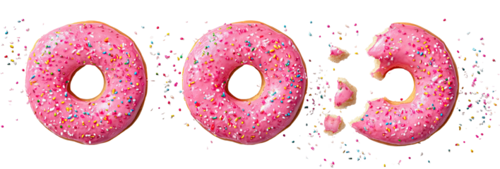 Three pink iced doughnuts, one with sprinkles and a bite taken