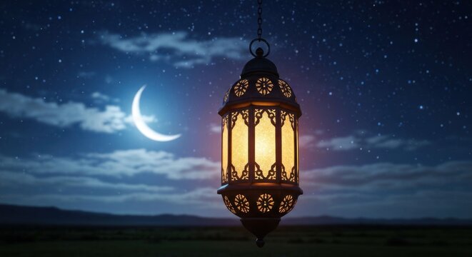 Intricate glowing lantern under a celestial night sky with moon