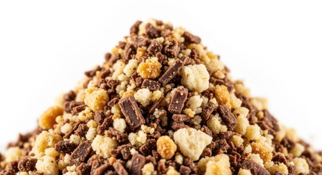 Pile of chocolate and cookie crumble topping isolated on white background