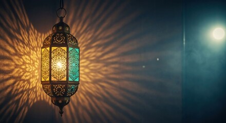 Ornate hanging lantern casts warm patterned shadows on a wall
