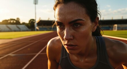 Sweaty female runner on track, focused for sprint at sunset