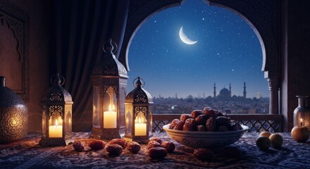 Warmly lit lanterns, dates, and moonlit city from an arched window