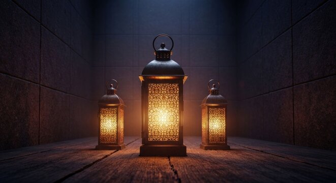 Warm light from three decorative lanterns in a dim, enclosed space