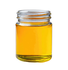 Clear glass jar with golden viscous liquid, isolated on black