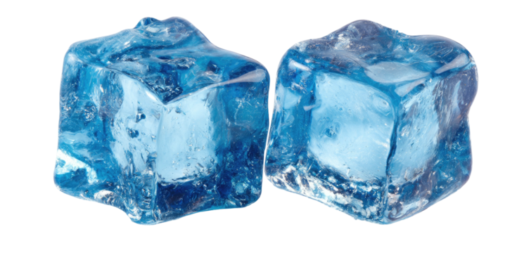 Two irregular, translucent blue ice cubes against a black background