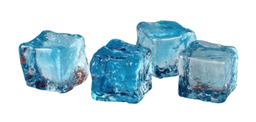 Four frosty blue ice cubes on a black background