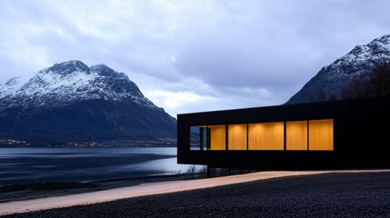 A modern black building with large windows overlooking a serene lake and snow-capped mountains.